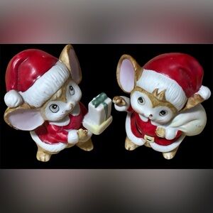 Vintage Set Of 2 Homco Christmas Santa Mice Porcelain Mouse 4" Figurines
